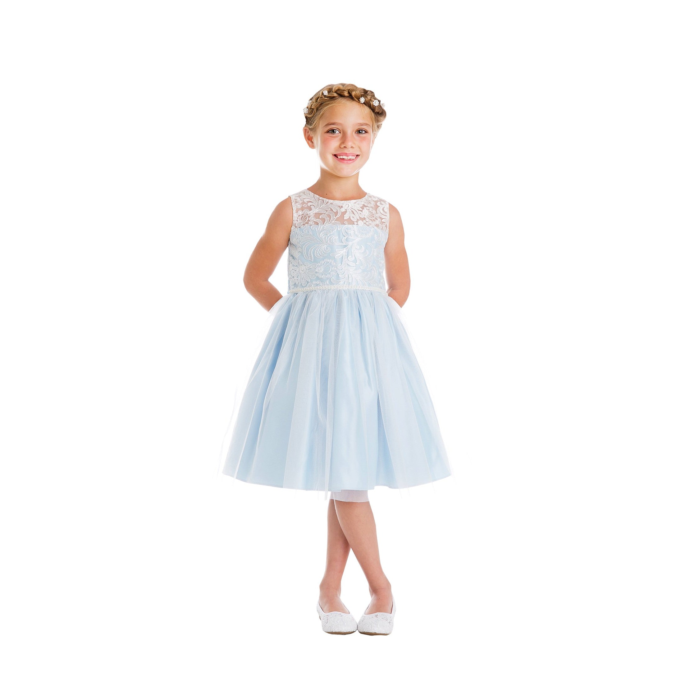 Blue White Luxe Embroidered Mesh With Pearl Trim Flower Girl Dress